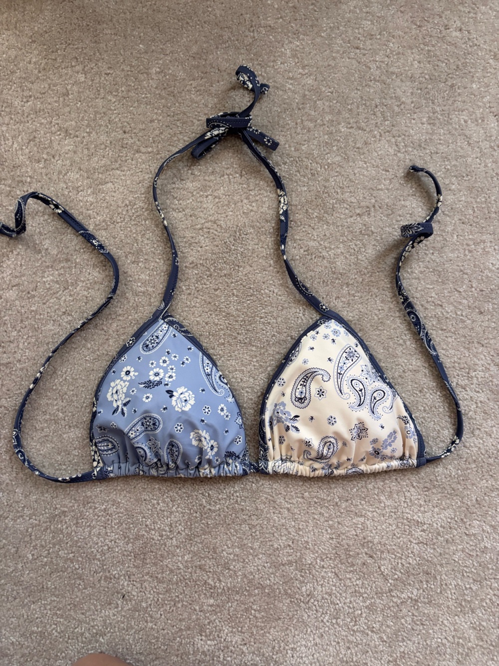 aerie Two-Tone Blue and Cream Paisley Triangle Bikini Top